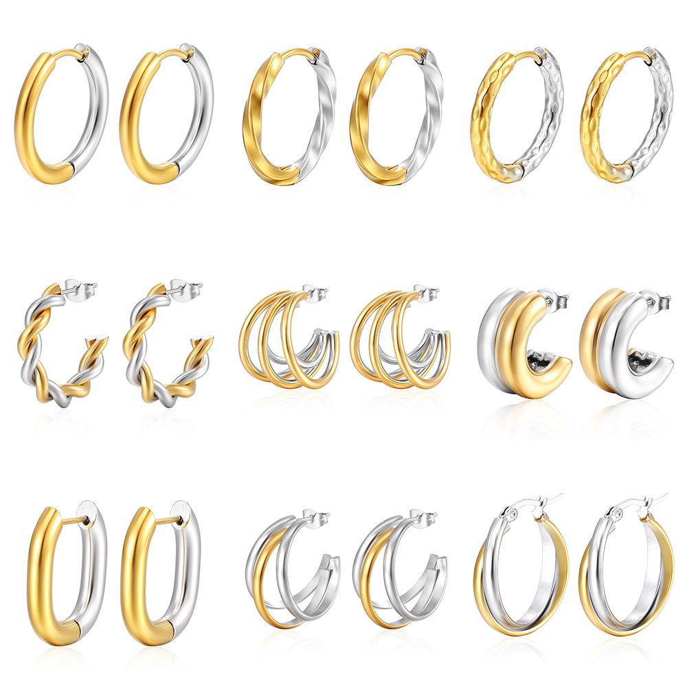 Stainless steel earrings for women, plated 18K two-tone ear clips, multi-layer ear accessories