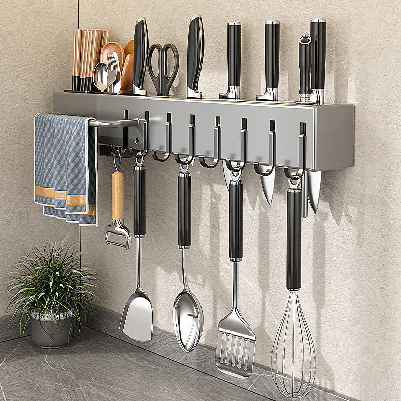Stainless Steel Kitchen Knife Rack Multi-functional No-drill Knife Storage Rack Chopstick Holder Chopstick Tube Wall-mounted
