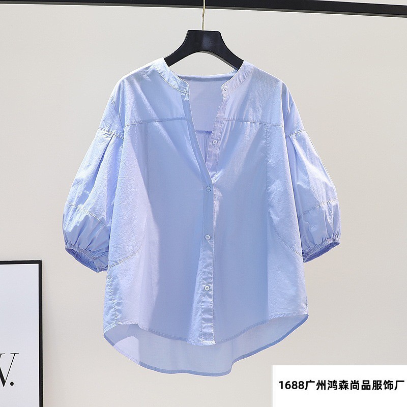 Summer Top Light Blue Stand Collar Lantern Sleeve Shirt Women Fresh Loose Casual Blouse