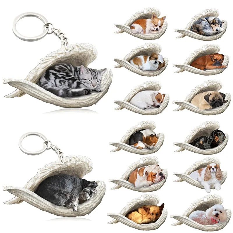 Simple Style Dog Cat Sleep Angel Pendant Backpack Keychain Car Keychain Animal Pet Decoration
