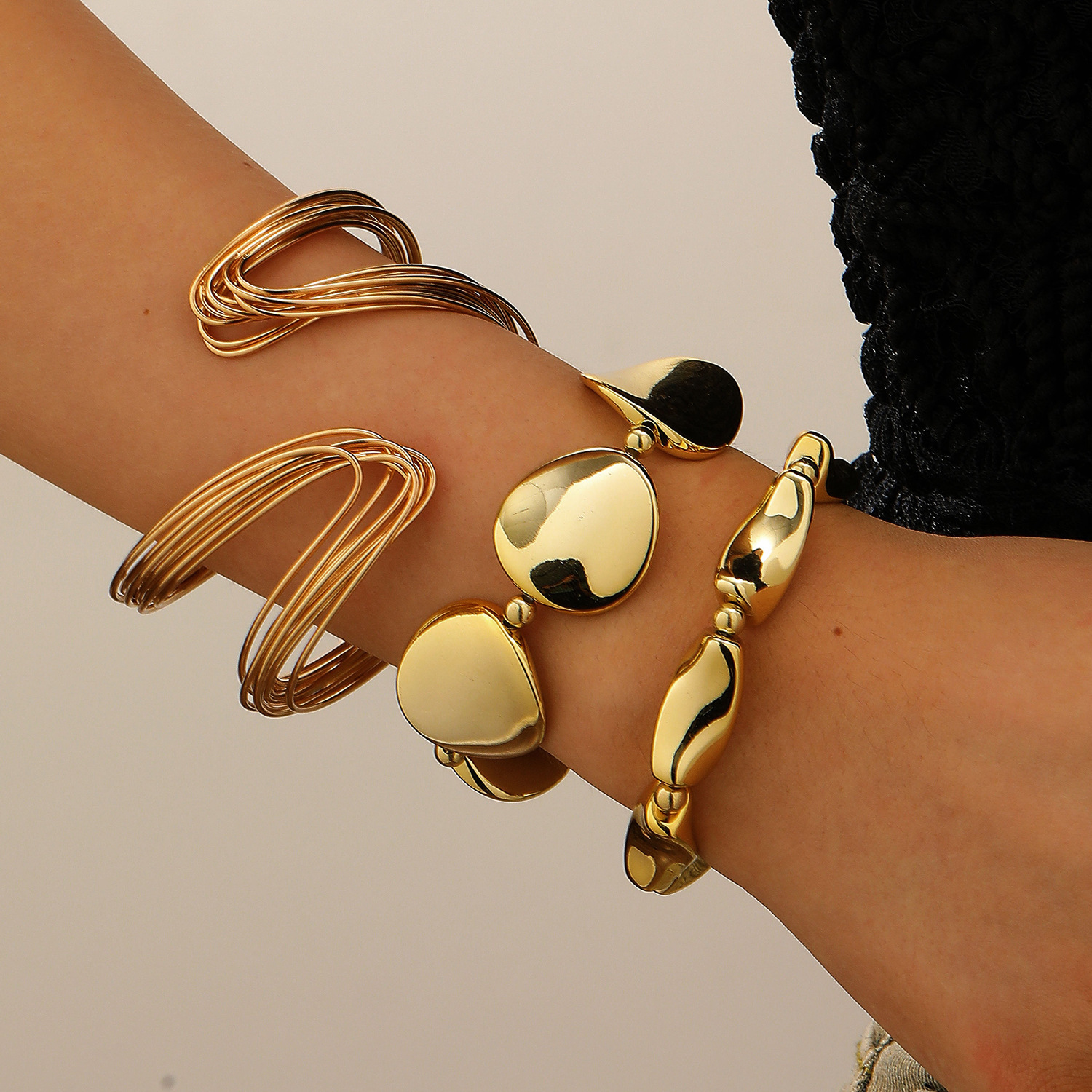Exaggerated Geometric 3-Piece Bracelet Set Metal Irregular Open Bangle