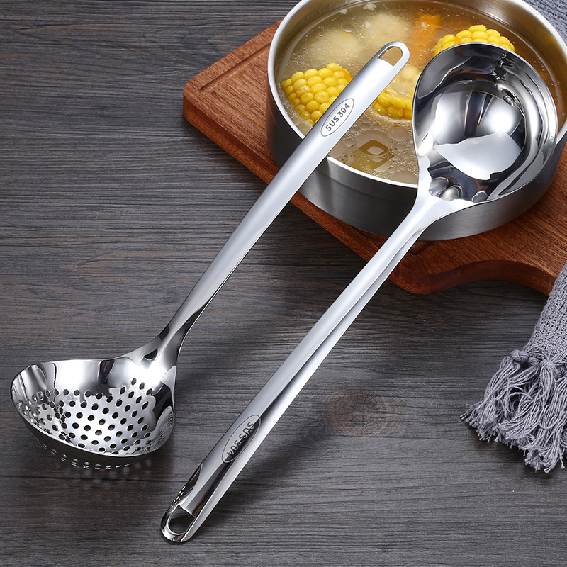 304 Stainless Steel Hot Pot Spoon Slotted Spoon Heart-Shaped Soup Spoon Long Handle Thickened Deep Soup Spoon Soup Strainer Kitchen Utensils