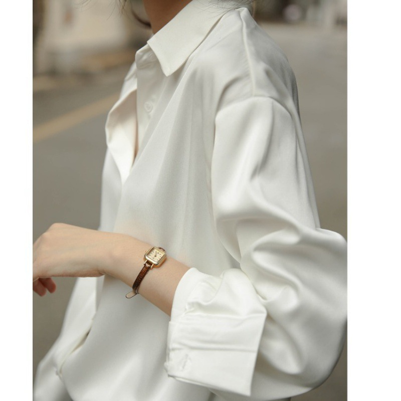 White Shirt Women Niche Hong Kong Style Blouse Satin Silk Satin Loose Professional