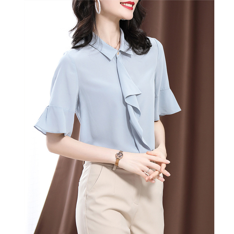 2026 Summer S339 Solid Color Ruffle Blouse 16 Momme Silk Crepe de Chine Shirt Top Women Flared Three-Quarter Sleeve