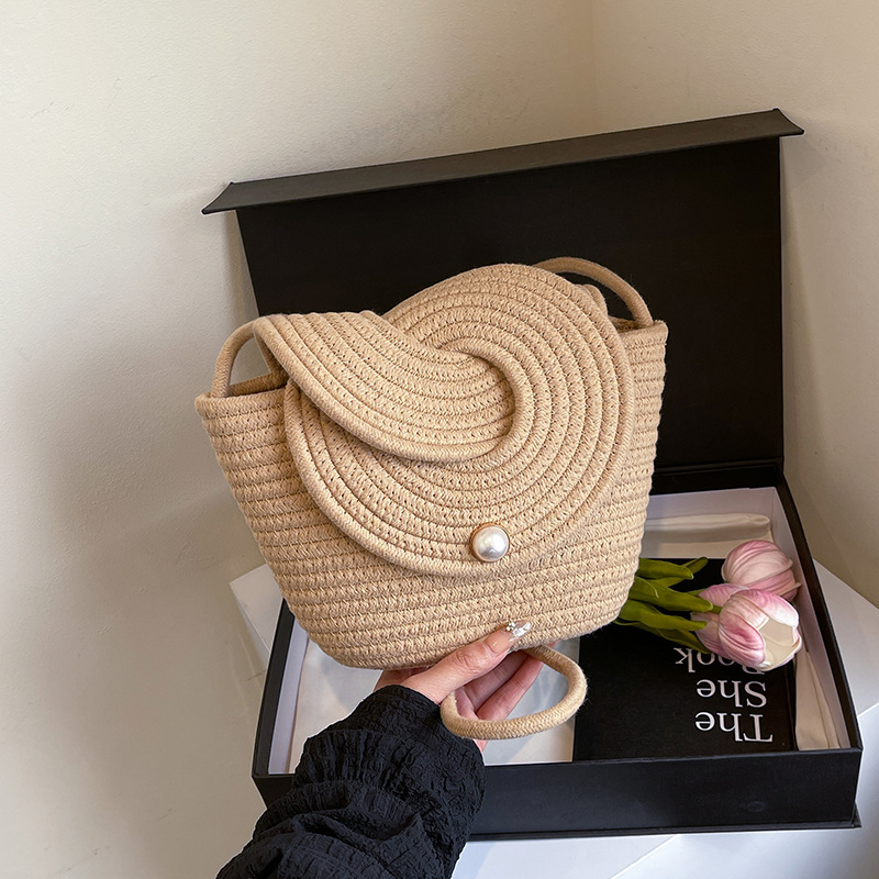 Small fresh pearl flap bag crossbody cotton rope woven bag casual shoulder straw bag mini beach bag women's bag