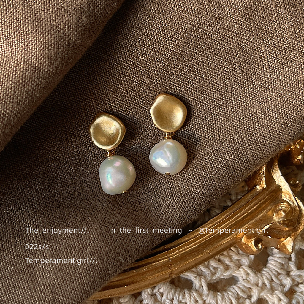 Baroque irregular freshwater pearl silver-plated needle handmade design matte earrings for women