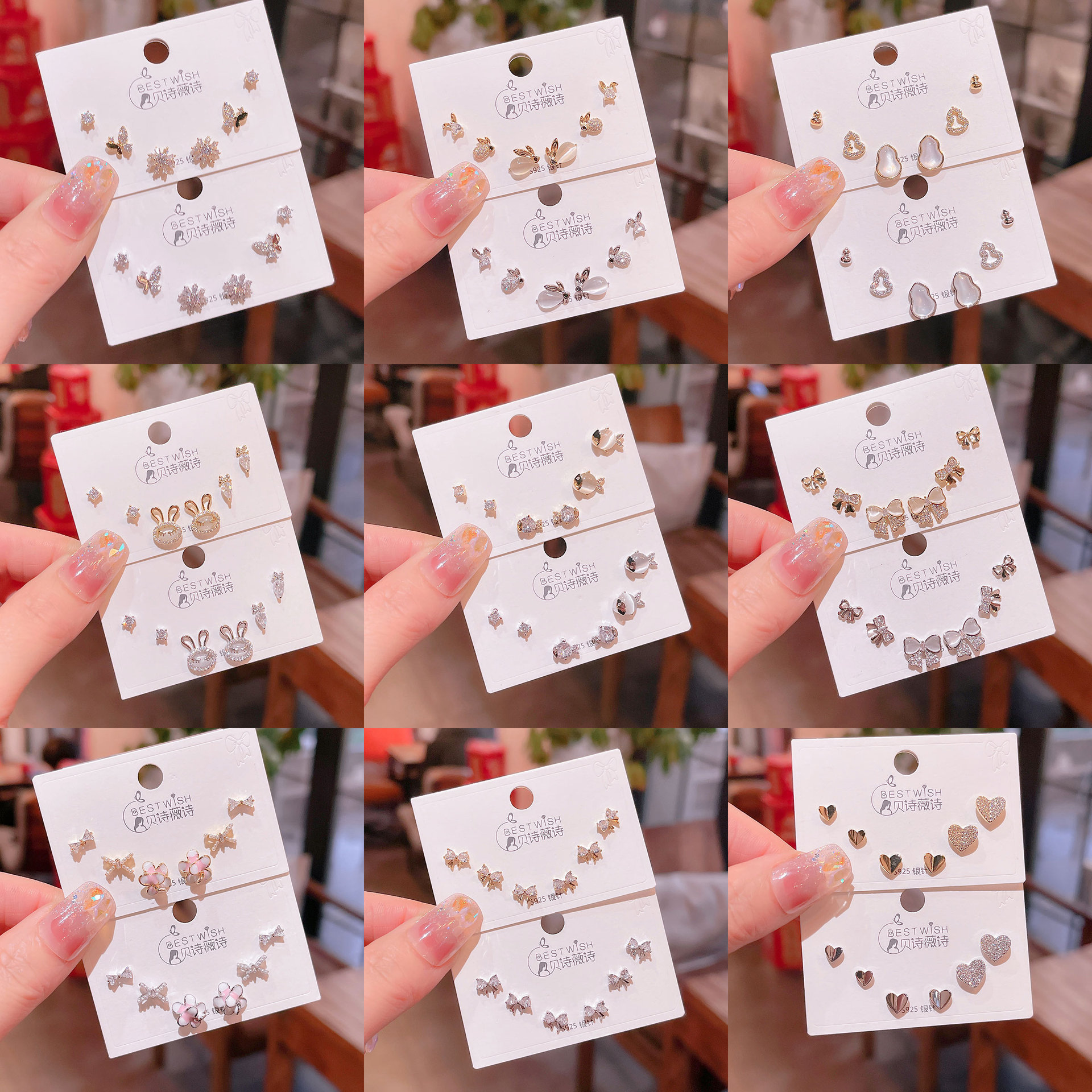 Wind real gold electroplated copper-set zircon 6 pieces three pairs of small earrings collection, earring accessories
