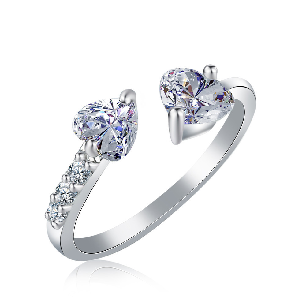 Double Heart Full Diamond Open Ring Adjustable Zircon Women's Finger Ring Christmas Gift Christmas Gift