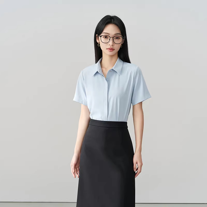 Blue Professional Short-Sleeve Shirt Women Summer New Commute Wear Chiffon Top Interview Formal Wear Petite Blouse