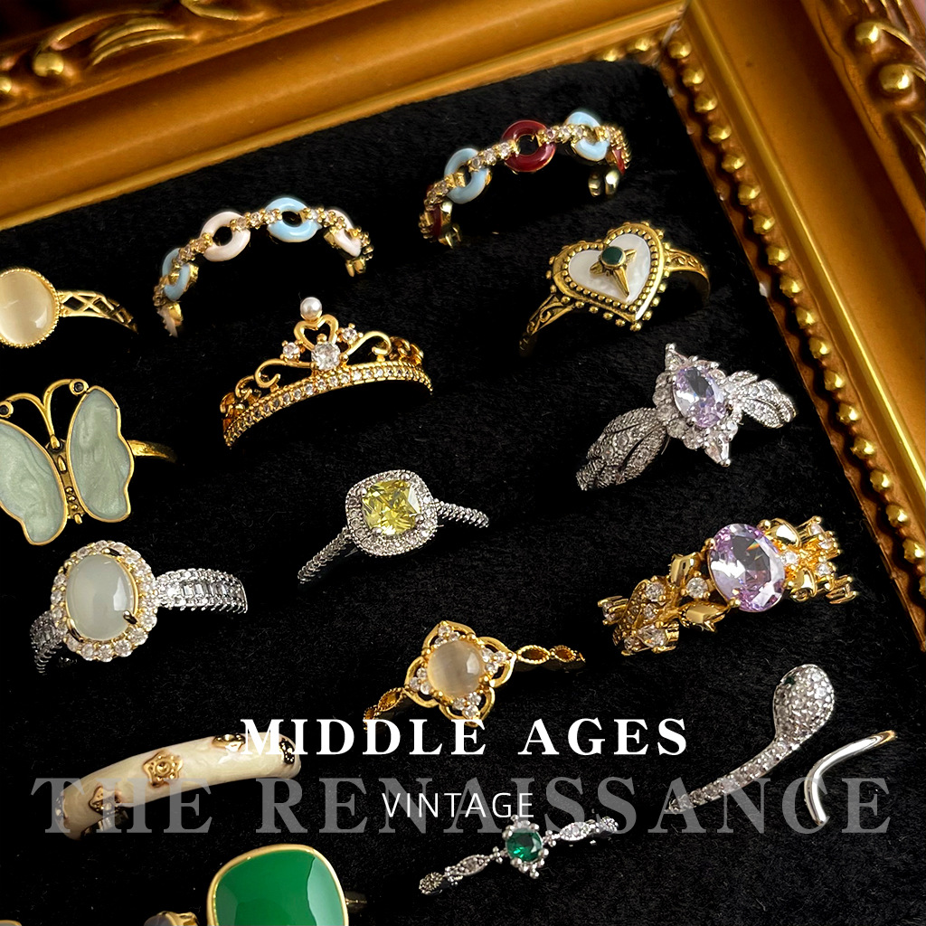 Vintage Retro Heavy Craft Colored Gem Zircon Ring Collection Adjustable Index Ring