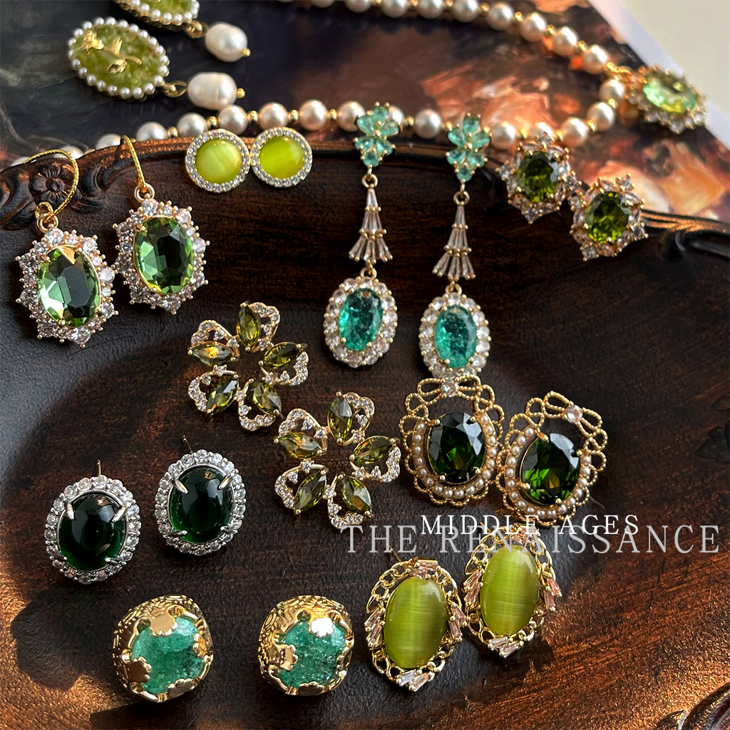 Vintage Retro Colored Gem Green Zircon Earring Collection Court Style Ear Studs Ear Accessories