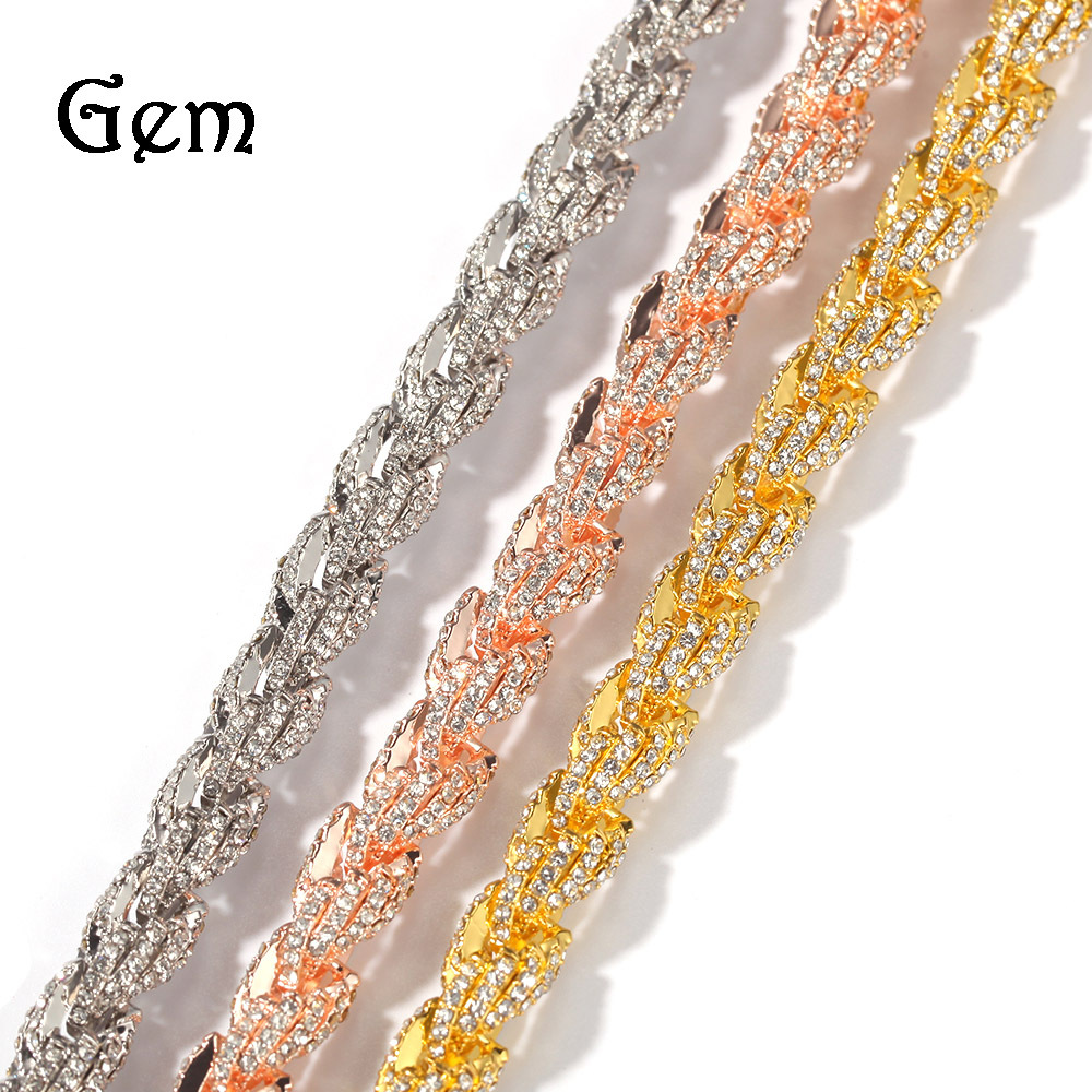 Hip Hop Alloy Diamond 9mm Gold Twist Chain New Exaggerated Men's Necklace Multiple Sizes