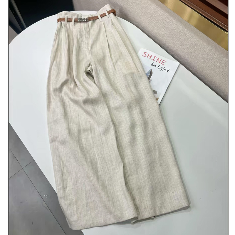Double C 2026 Summer New Linen Wide-Leg Pants High-Waist Straight Pants with Belt Casual Pants
