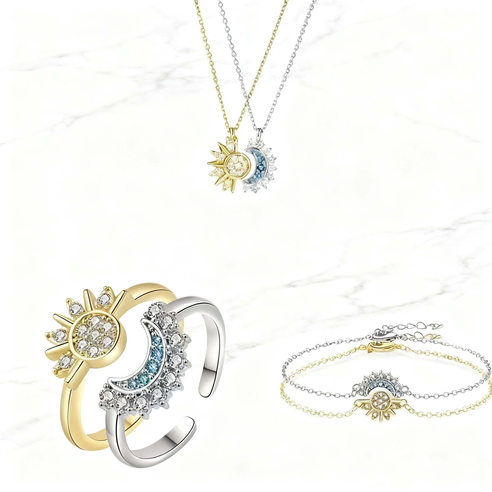Sun and Moon Overlapping Open Ring with New Diamond-like Ring Design Combination Ring
