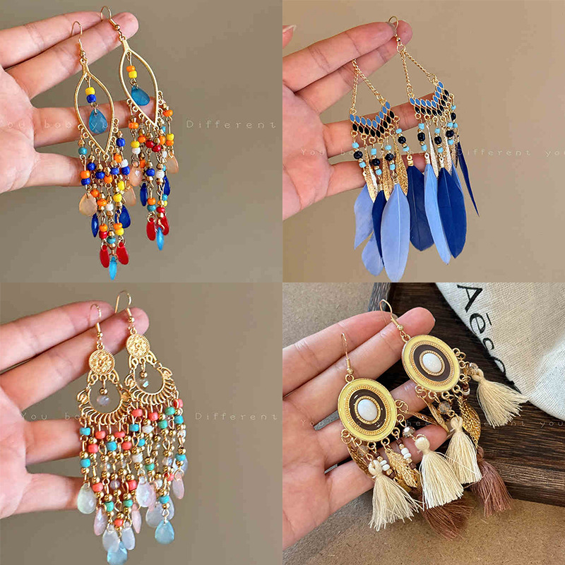 Bohemian Style Blue Feather Tassel Earrings Women Exotic Ethnic Style Earrings Exaggerated Long Ear Accessories