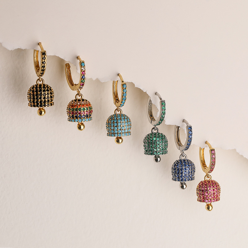 HECHENG Jewelry Copper Inlaid Colorful Diamond Bell Earrings Unique Small Bell Bell-Shaped Earrings