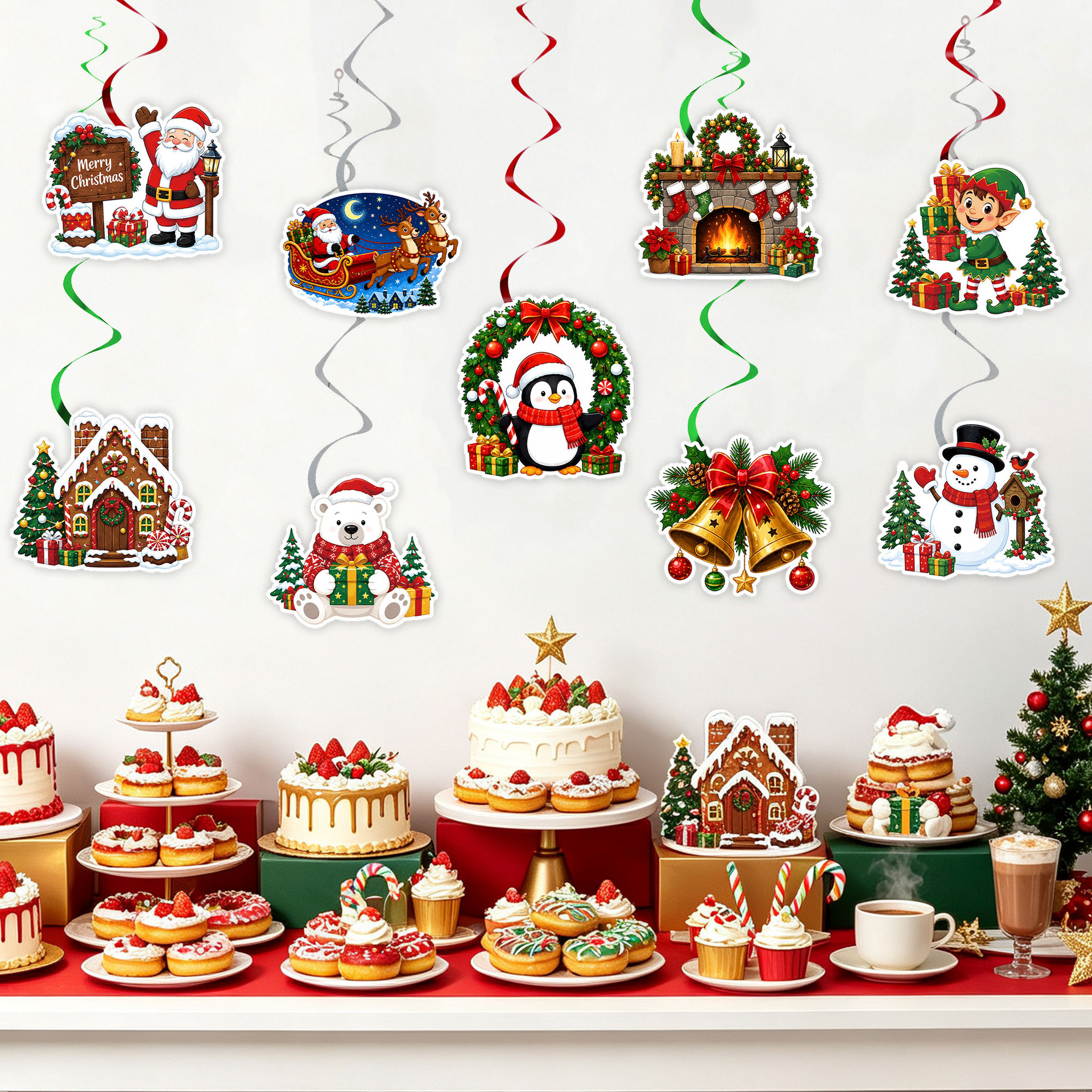 Christmas Spiral Hanging Ornament Cartoon Santa Claus Snowman Spiral Pendant Party Window Ceiling Decoration