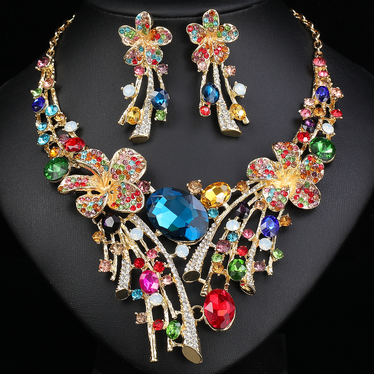 Ethnic Flower Exaggerated Necklace Earring Set Combination Jewelry Bride Accessories Dress