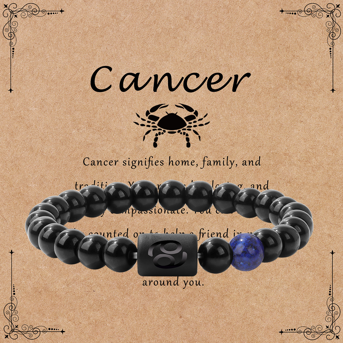 Twelve zodiac bracelet for men shiny black beads elastic rope unisex bracelet