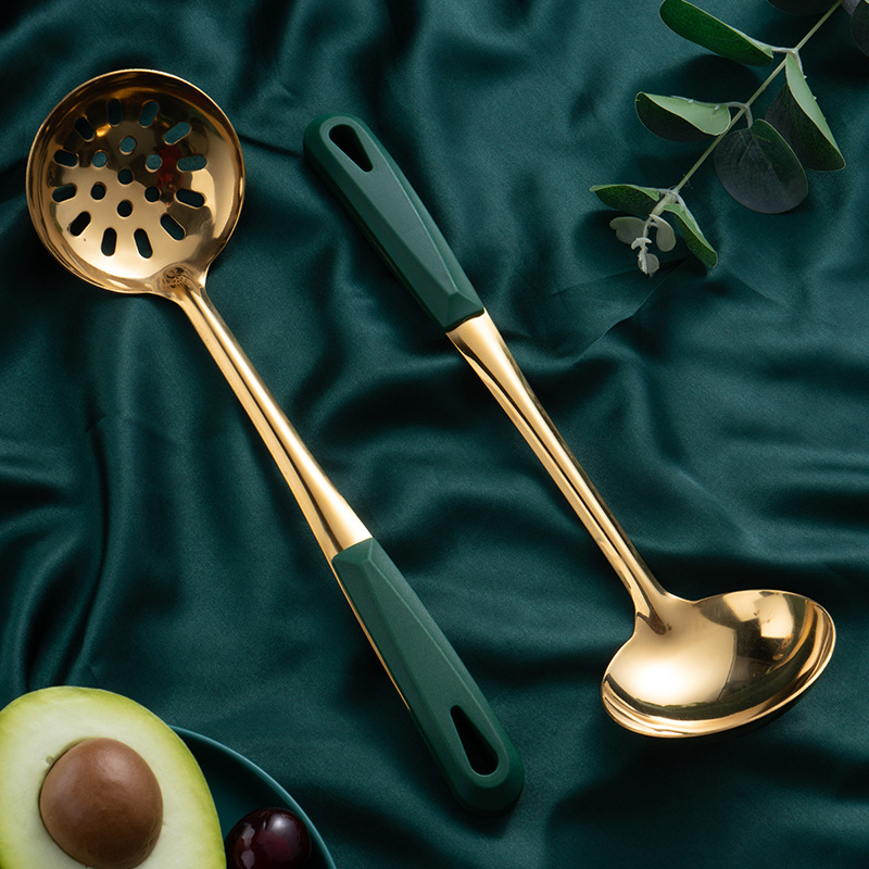 New 304 stainless steel soup spoon, soup slotted spoon, long-handled hot pot spoon, dark green gold-plated soup ladle kitchen set