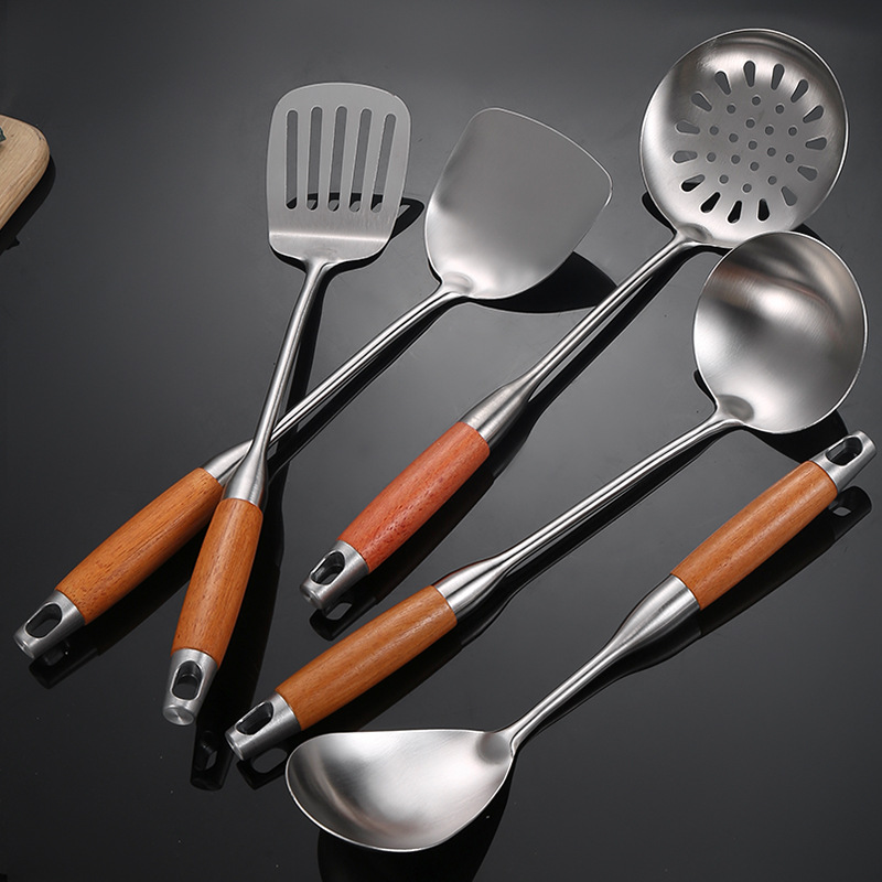 Thickened Stainless Steel Kitchen Utensils Set Wooden Handle Spatula Soup Spoon Slotted Spoon Frying Spatula Home Frying Spoon Spatula Kitchen Supplies