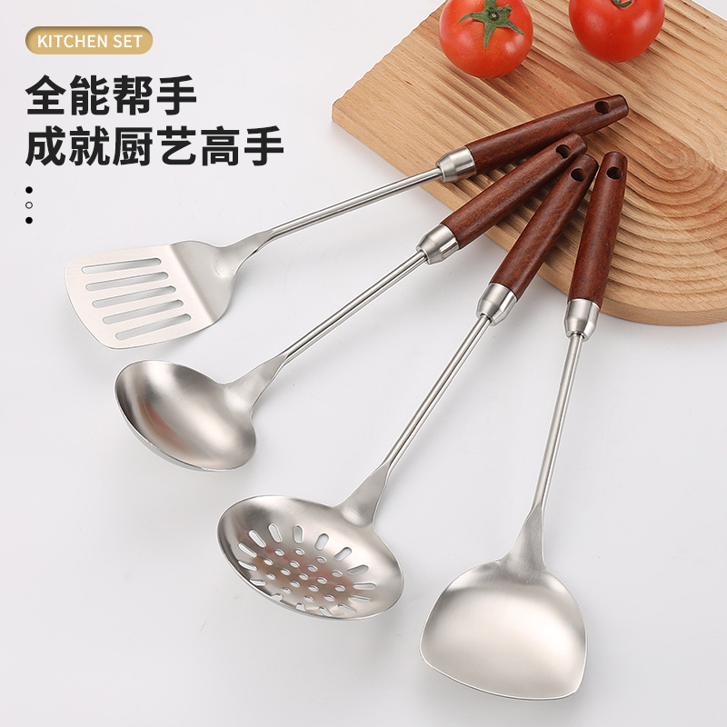 201 stainless steel spatula kitchen utensil set wooden handle wok spatula soup spoon slotted spoon cooking spoon kitchen supplies