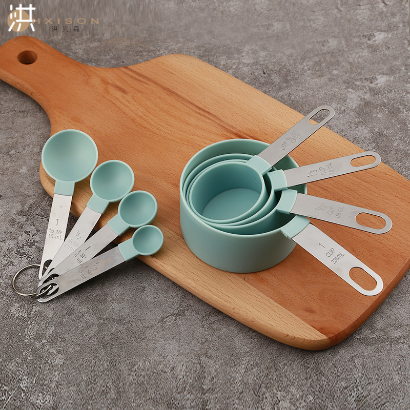 Stainless steel measuring cup and spoon set, plastic stainless steel handle measuring spoon 8-piece set with刻度 baking tool