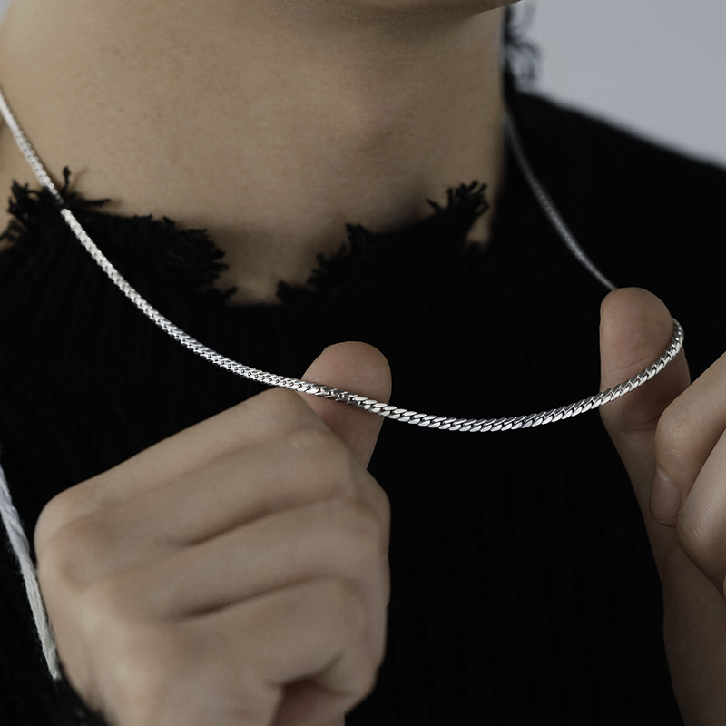 925 silver plated fine cuban chain necklace for men, simple plain chain clavicle chain for men