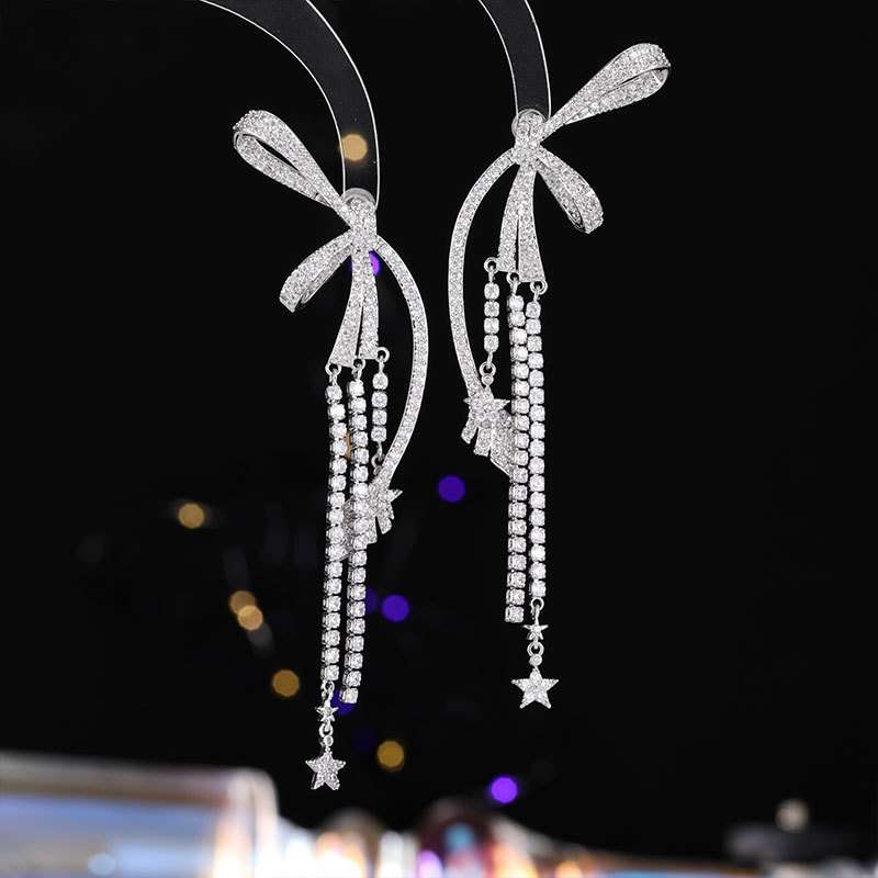 Diamond-Inlaid Bow Tassel Earrings for Women Long Earrings Exaggerated Heavy Craft Earrings