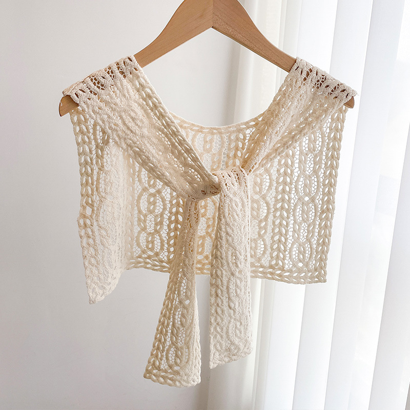 Crochet lace hollow small shawl for women, outerwear accessory shirt skirt lace fake collar, summer thin cape shoulder wrap