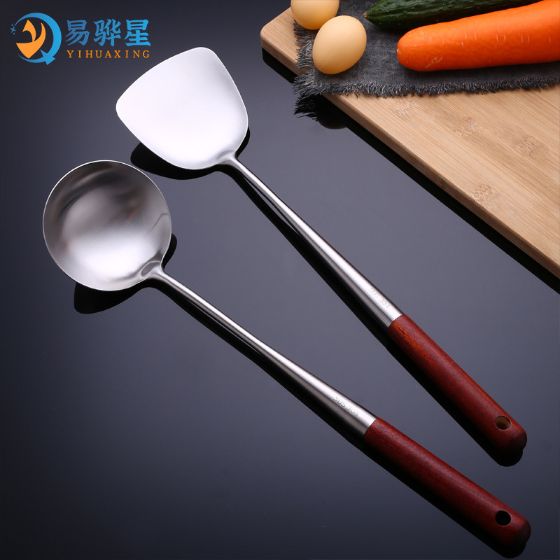 304 stainless steel extended rosewood spatula frying spatula thickened anti-scald household soup spoon kitchen spatula spoon set
