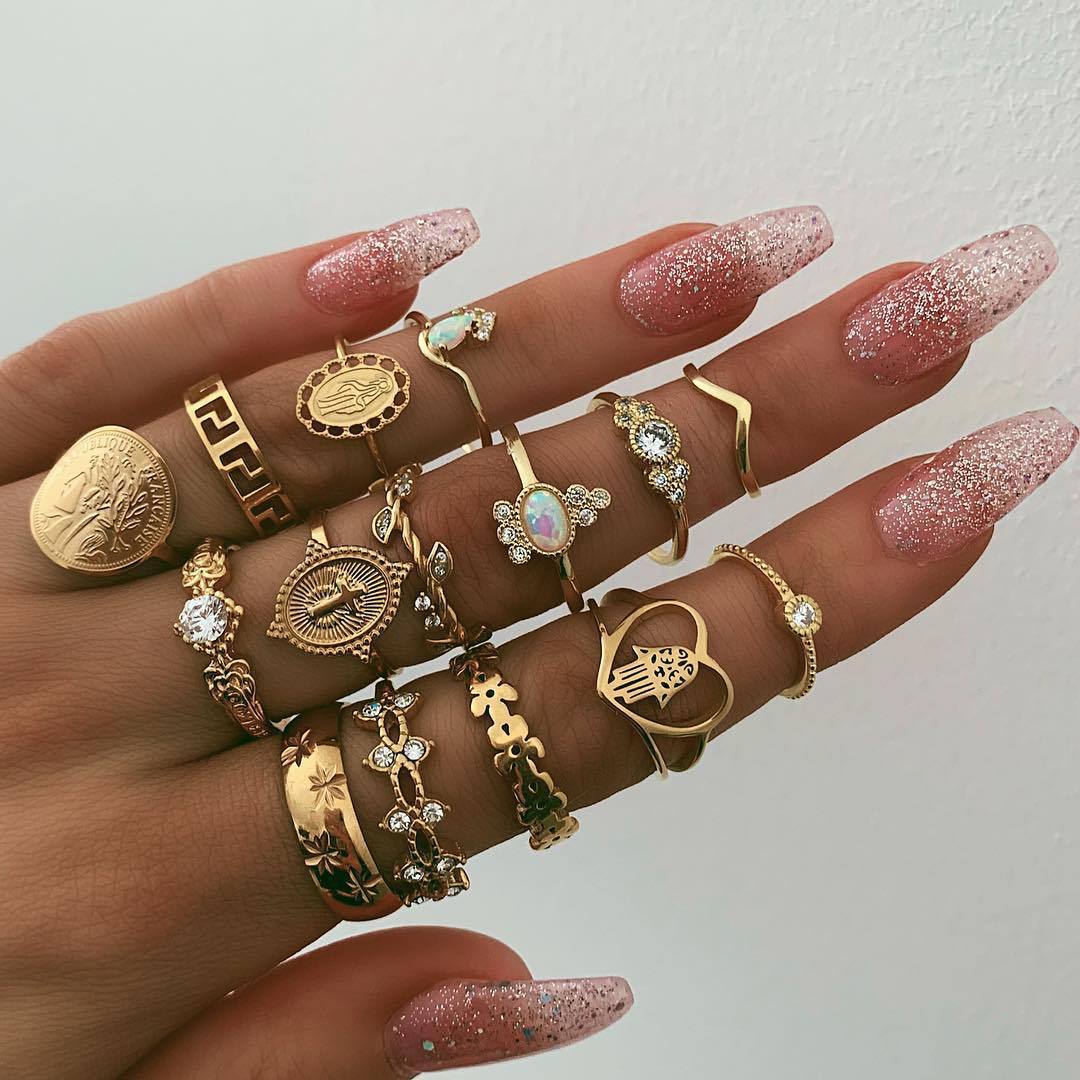 Beauty Head Coin Gold Cross Pattern Love Heart Fatima's Hand Ring 15-Piece Set