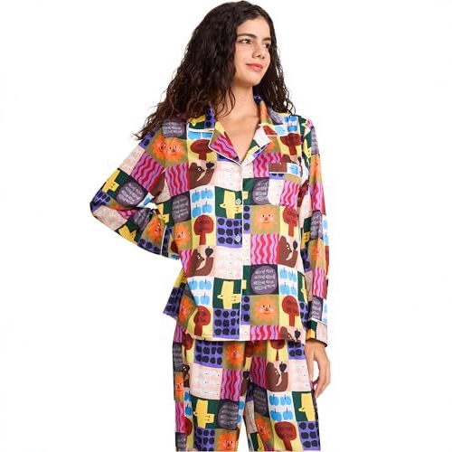 2025 Summer New Cuban Collar Color Block Puzzle Print Long Sleeve Women's Set
