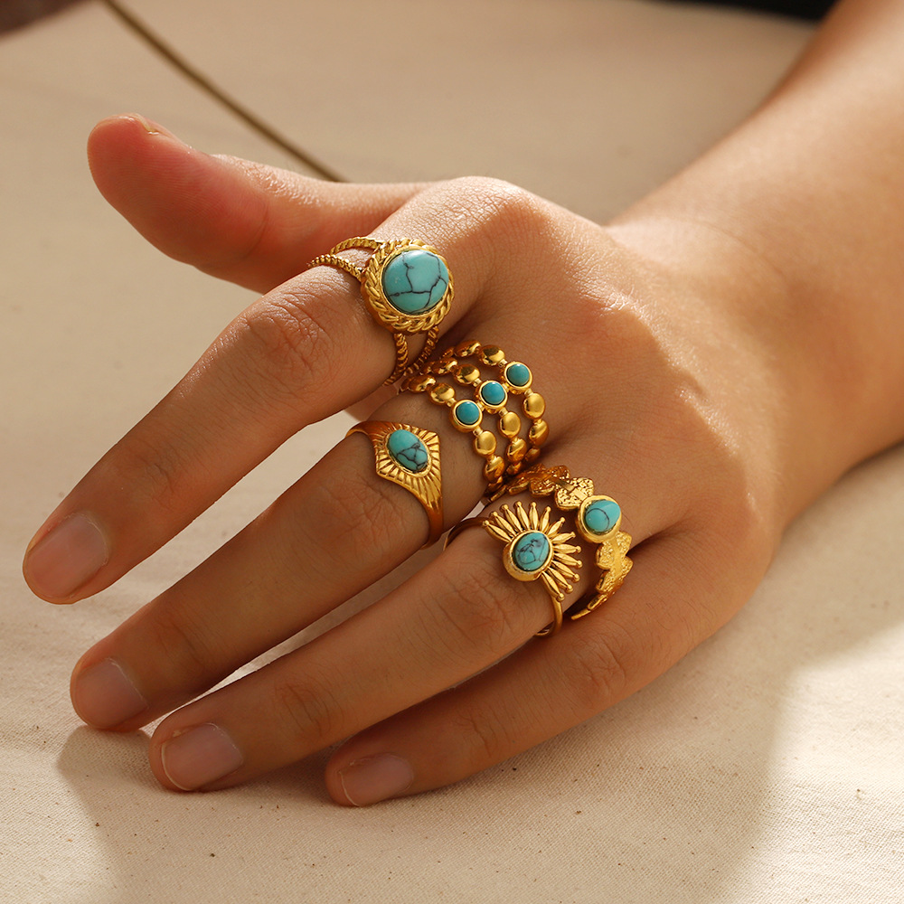 Wind turquoise ring women open ring 18k gold plated stainless steel ring finger ring