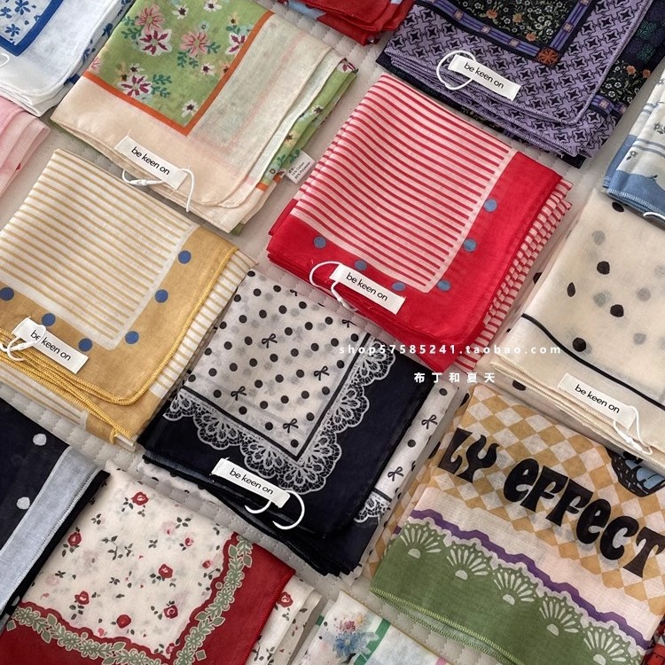 Skin-friendly soft cotton-linen breathable neck-protecting small square scarf, polka dot paisley headscarf, export Korean order neck scarf for women