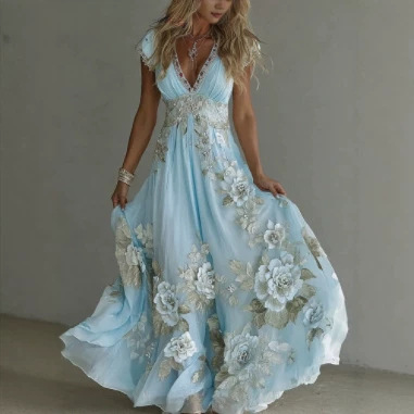 2026 Independent Station New Women's Solid Color Elegant Print Pleated Floral Dress