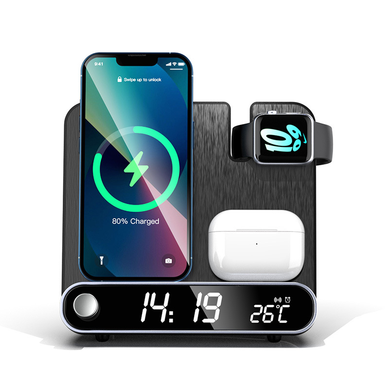 New 15W Wireless Charger Clock Watch Earphone 3-in-1 Wireless Charger Clock Alarm Clock Thermometer Wireless Charger with
