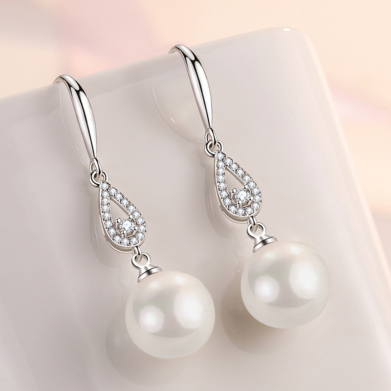 Diamond-set pearl earrings for women, water drop pearl earrings