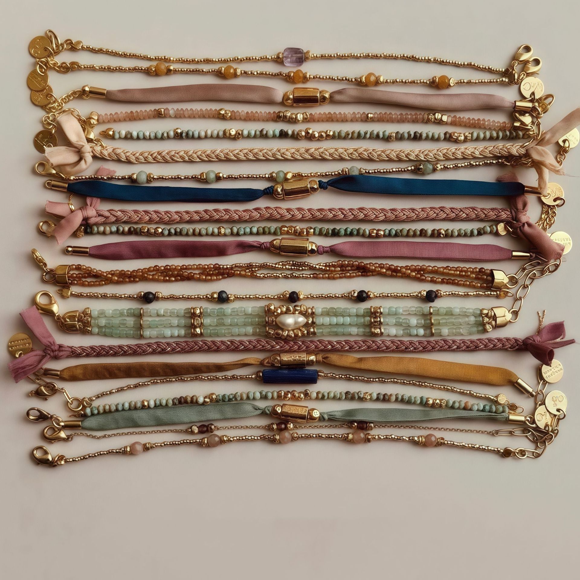 Multi-material layered bracelet ribbon bead metal chain combination hand accessory