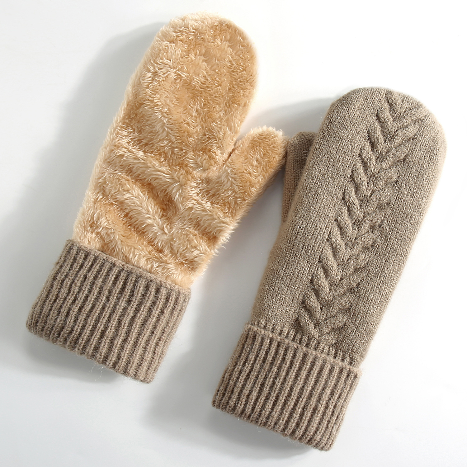 New Knitted Gloves Women Winter Double-Layer Fleece-Lined Thick Warm Mittens Cycling Mittens