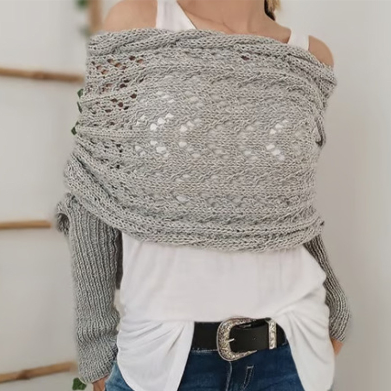 Cross off-shoulder beautiful knitted hollow long-sleeved double-sleeve shawl outer cardigan women