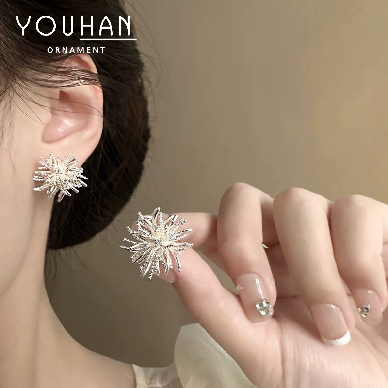 Silver dandelion ear studs women unique exaggerated earrings ear accessories