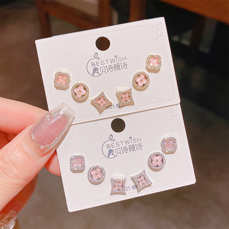 2025 new exquisite four-leaf flower zircon small earrings three pairs, wind 6-piece set earrings