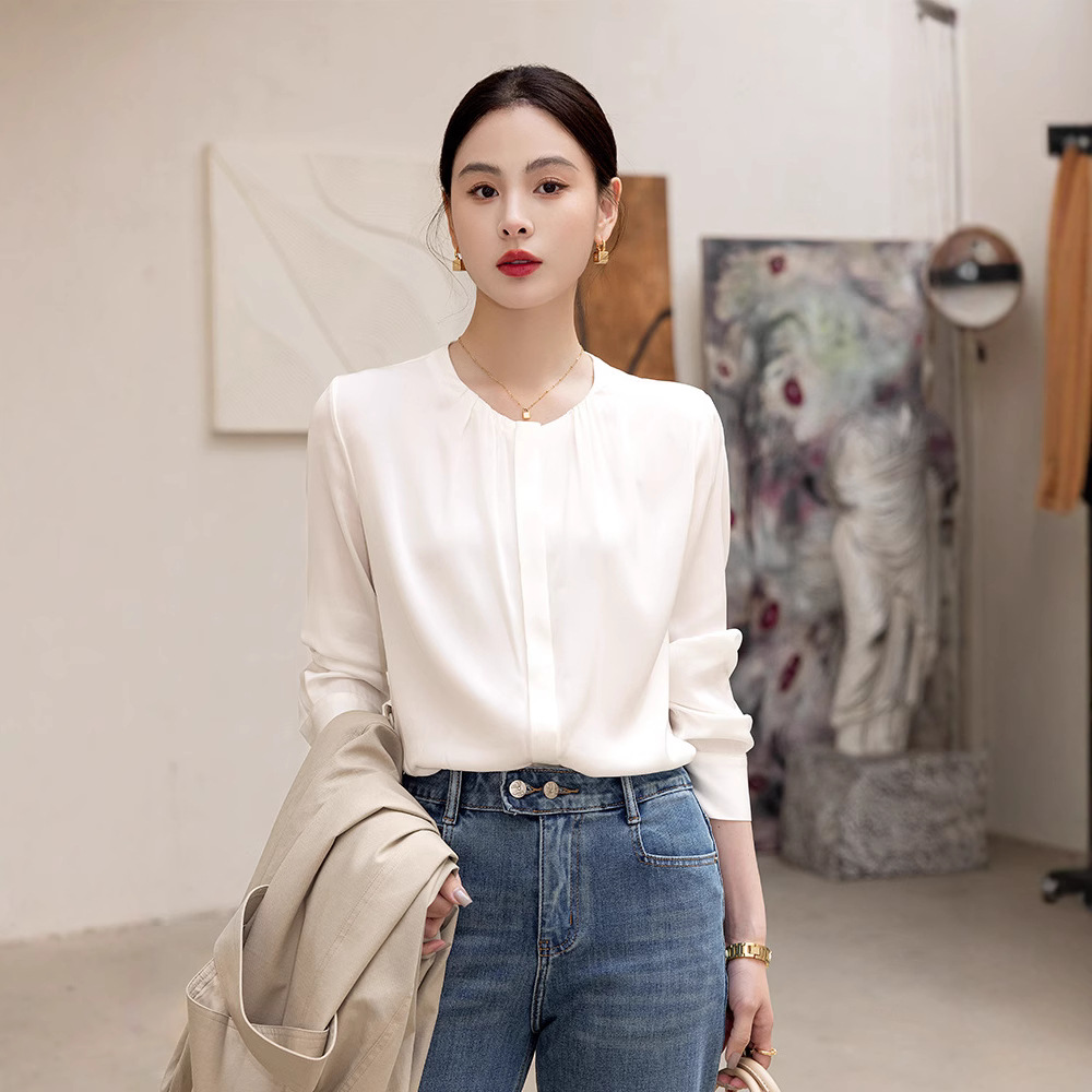 Satin round neck mulberry silk shirt women's 2026 spring new pleated silk long-sleeved top
