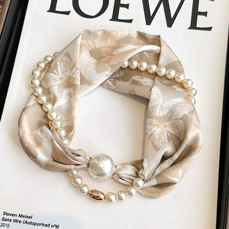 Magnetic buckle pearl necklace small long strip silk scarf women mother neck protection lazy matching shirt thin scarf