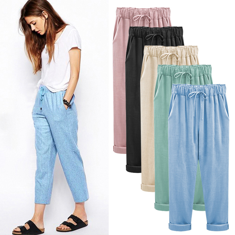 Summer tencel linen pants women imitation cotton linen nine-tenths pants plus elastic waist plus size 300 jin loose thin women pants