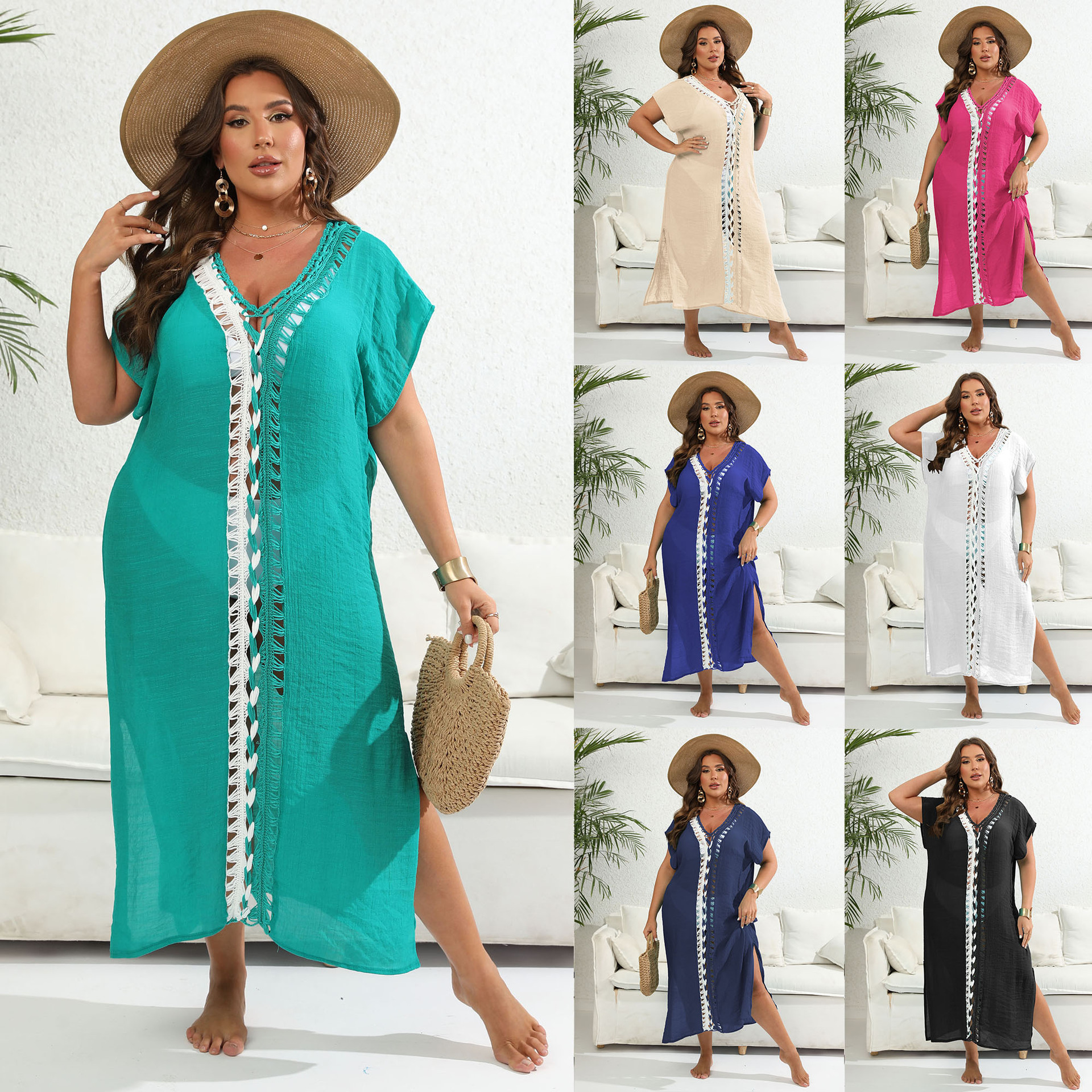 Vacation Beach Cover-Up Plus Size Women's Hand-Crocheted Contrast Color Deep V Split Dress 200250