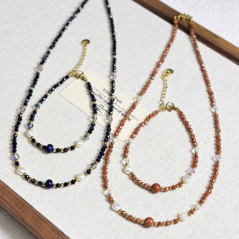 New Titanium Steel Necklace Gold Sand Stone Freshwater Pearl Necklace Women Crystal Beaded Collarbone Chain Sweater Chain