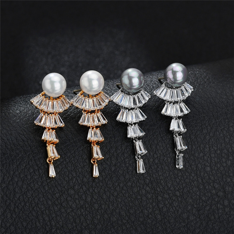 Grey Pearl Long Dangling Earrings with Zircon Inlay, Old Money Style for Women, S925 Silver Needle Earrings