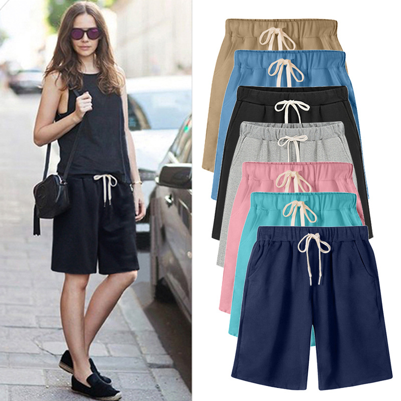 Solid color women summer high waist 300 jin five-tenths pants plus size drawstring sports casual pants fat mm straight leg pants sweatshirt
